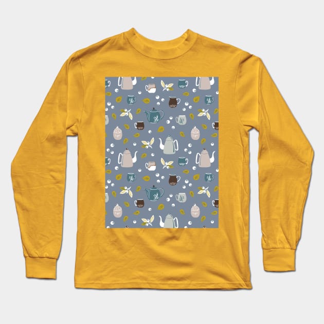 Pattern with ceramic kitchenware, blueberry and leaves Long Sleeve T-Shirt by DanielK